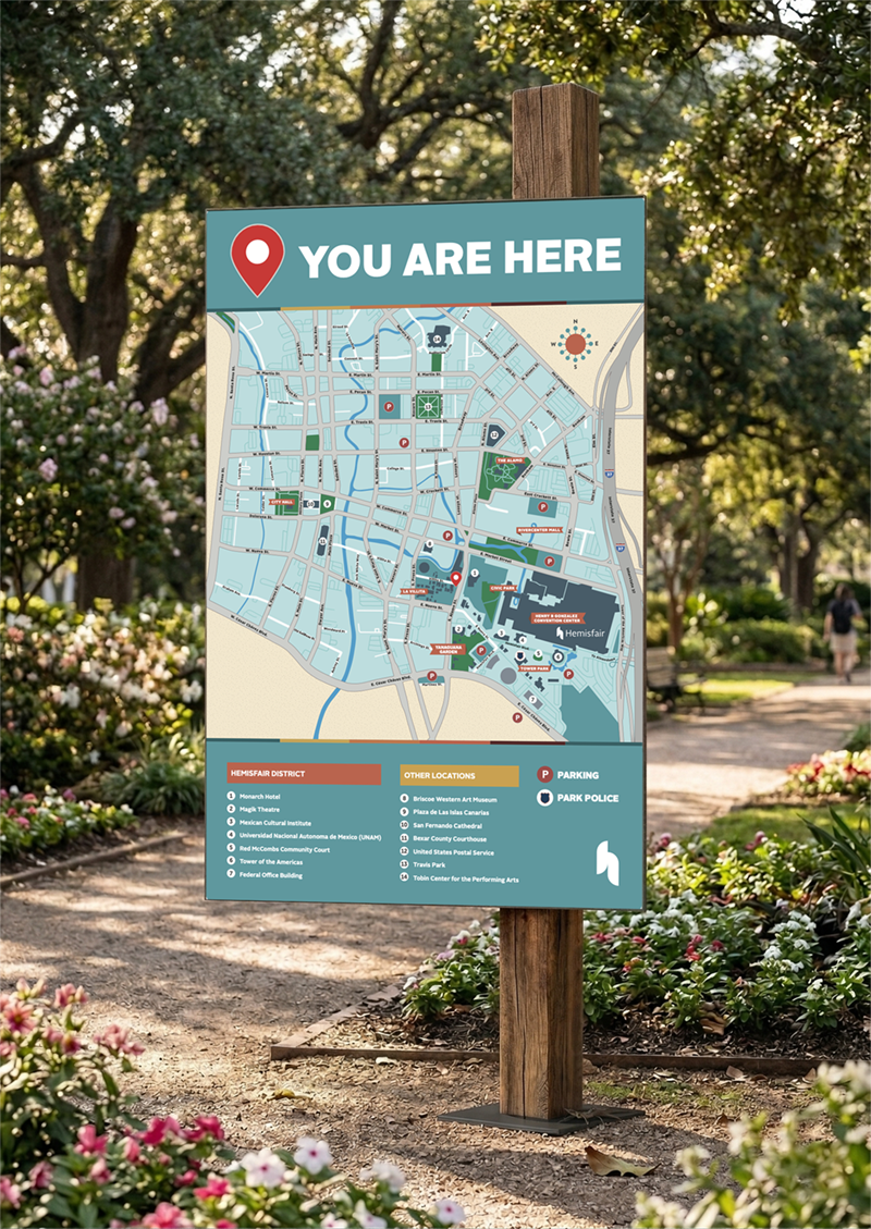 Hemisfair — wayfinding map at park entrance